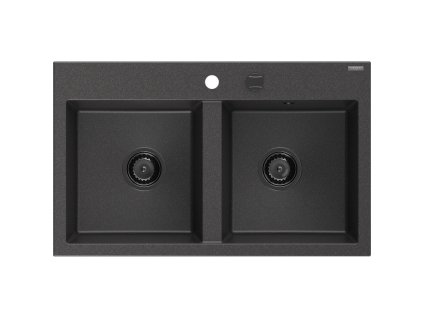 Granitový drez Mexen Hektor s 2 misami 800 x 480 mm, čierny bodkovaný, čierny sifón - 6521802000-76-B