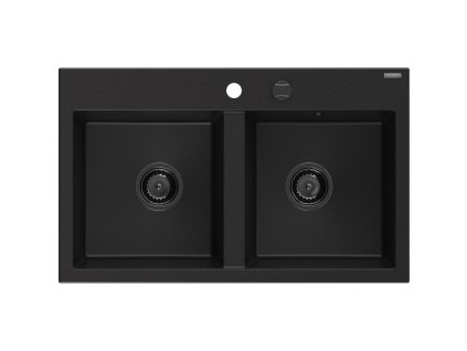 Granitový drez Mexen Hektor s 2 misami 800 x 480 mm, čierny, čierny sifón - 6521802000-77-B