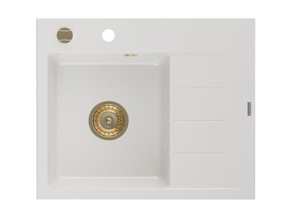 Mexen Ben 1-komorový granitový drez s odkapávačom vľavo 600 x 500 mm, biely, zlatý sifón - 6522605000-20-G