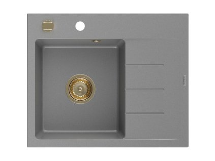 Granitový drez Mexen Ben s 1 misou a odkapávačom vľavo 600 x 500 mm, sivý, zlatý sifón - 6522605000-71-G