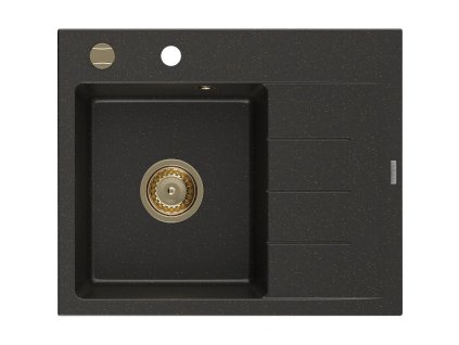 Granitový drez Mexen Ben s 1 misou a odkapávačom vľavo 600 x 500 mm, čierna/zlatá metalíza, zlatý sifón - 6522605000-75-G