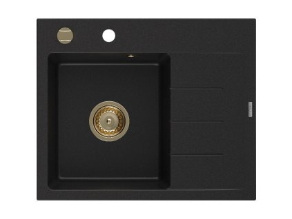 Granitový drez Mexen Ben s 1 misou a odkapávačom vľavo 600 x 500 mm, čierny, zlatý sifón - 6522605000-77-G