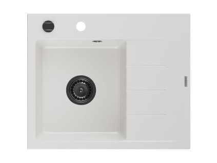 Mexen Ben 1-komorový granitový drez s odkapávačom vľavo 600 x 500 mm, biely, čierny sifón - 6522605000-20-B