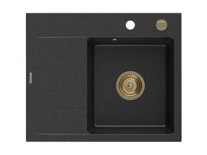 Mexen Ben 1-komorový granitový drez s odkapávačom vpravo 600 x 500 mm čierna/strieborná metalíza, zlatý sifón - 6523605000-73-G