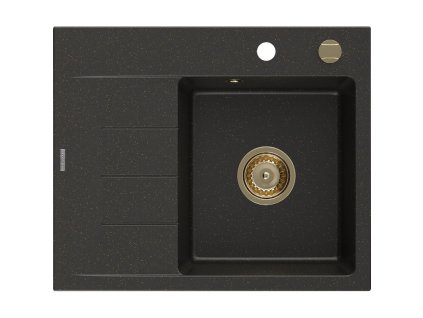 Granitový drez Mexen Ben s 1 misou a odkapávačom vpravo 600 x 500 mm, čierna/zlatá metalíza, zlatý sifón - 6523605000-75-G