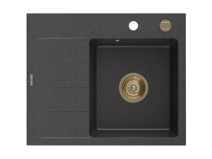 Granitový drez Mexen Ben s 1 misou a odkapávačom vpravo 600 x 500 mm, čierny bodkovaný, zlatý sifón - 6523605000-76-G