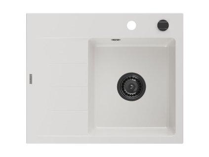 Mexen Ben 1-komorový granitový drez s odkapávačom vpravo 600 x 500 mm, biely, čierny sifón - 6523605000-20-B