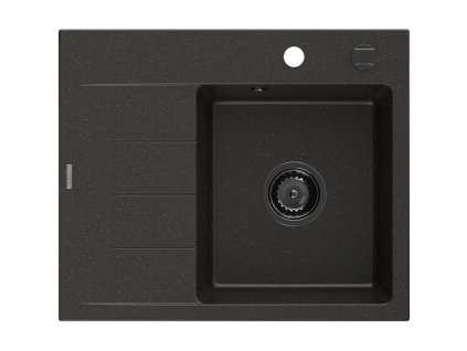 Granitový drez Mexen Ben s 1 misou a odkapávačom vpravo 600 x 500 mm, čierna/zlatá metalíza, čierny sifón - 6523605000-75-B