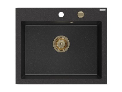 Granitový drez Mexen Elix s 1 misou 600 x 500 mm, čierna/strieborná metalíza, zlatý sifón - 6525601005-73-G