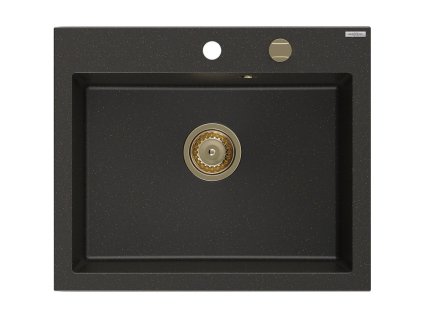 Granitový drez Mexen Elix s 1 misou 600 x 500 mm, čierna/zlatá metalíza, zlatý sifón - 6525601005-75-G