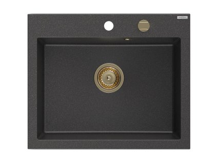 Granitový drez Mexen Elix s 1 misou 600 x 500 mm, čierny bodkovaný, zlatý sifón - 6525601005-76-G