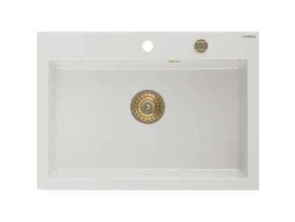Granitový drez Mexen Elix s 1 misou 700 x 500 mm, biely, zlatý sifón - 6526701005-20-G