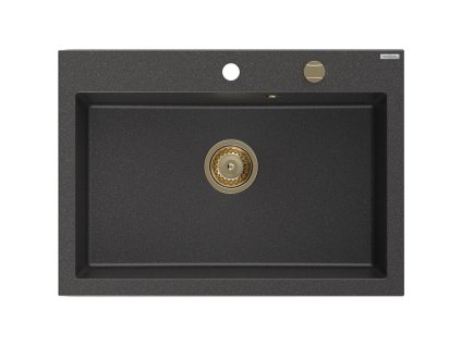Granitový drez Mexen Elix s 1 misou 700 x 500 mm, čierny bodkovaný, zlatý sifón - 6526701005-76-G