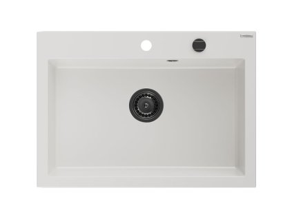 Granitový drez Mexen Elix s 1 misou 700 x 500 mm, biely, čierny sifón - 6526701005-20-B