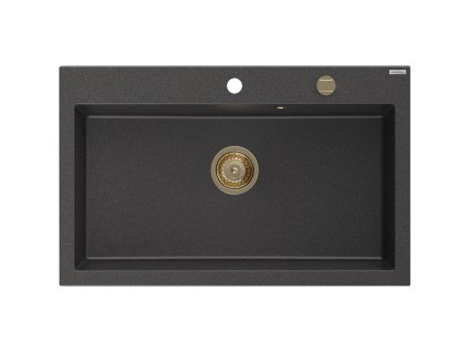 Granitový drez Mexen Elix s 1 misou 800 x 500 mm, čierny bodkovaný, zlatý sifón - 6527801005-76-G
