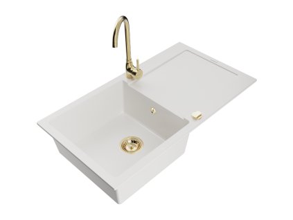 Granitový drez Mexen Leo s 1 misou, odkapávačom a kuchynskou batériou Telma, biely - 6501-20-670200-50