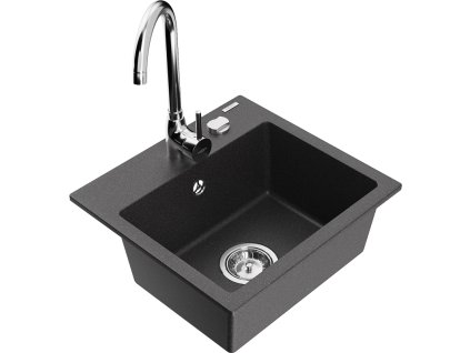 Granitový drez Mexen Milo s 1 misou a kuchynskou batériou Telma, čierna škvrna - 6505-76-670200-00