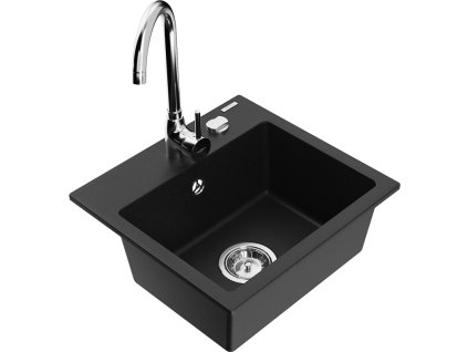Granitový drez Mexen Milo s 1 misou a kuchynskou batériou Telma, čierny - 6505-77-670200-00