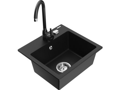 Granitový drez Mexen Milo s 1 misou a kuchynskou batériou Telma, čierny - 6505-77-670200-70