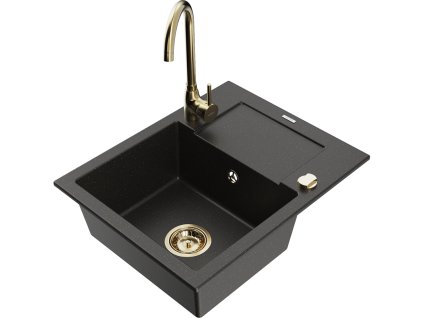 Mexen Enzo drez granitový 1-komorový s odkvapkávačom + batéria Telma, čierny/zlatý - 6506-75-670200-50