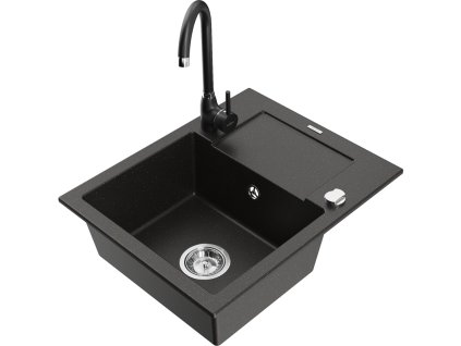 Mexen Enzo drez granitový 1-komorový s odkvapkávačom + batéria Telma, čierny/zlatý - 6506-75-670200-70