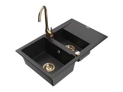 Mexen Gaspar drez granitový 1,5-komorový s odkvapkávačom + batéria Telma, čierny/zlatý - 6507-75-670200-50