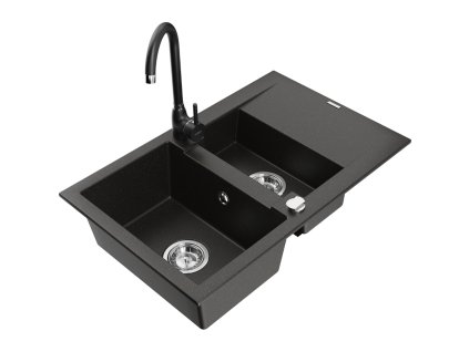 Mexen Gaspar drez granitový 1,5-komorový s odkvapkávačom + batéria Telma, čierny/zlatý - 6507-75-670200-70