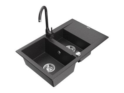 Granitový drez Mexen Gaspar s 1,5 misky, odkapávačom a kuchynskou batériou Telma, čierna škvrnitá - 6507-76-670200-76