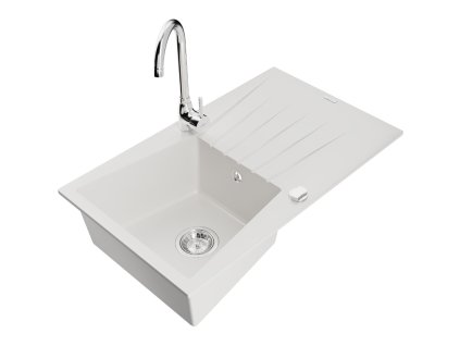 Granitový drez Mexen Cesar s 1 misou, odkapávačom a kuchynskou batériou Telma, biely - 6514-20-670200-00