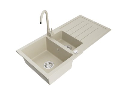 Granitový drez Mexen Andres s 1,5 miskou, odkapávačom a kuchynskou batériou Telma, béžový - 6515-69-670200-69