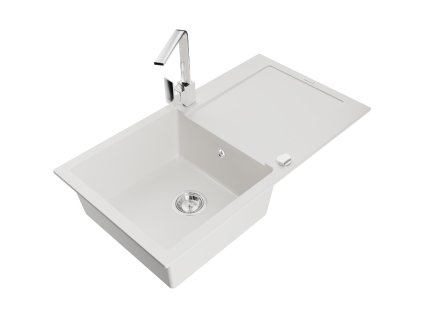 Granitový drez Mexen Leo s 1 misou, odkapávačom a batériou Rita, biely - 6501-20-670300-00