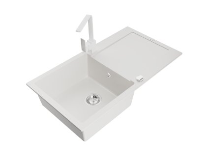 Granitový drez Mexen Leo s 1 misou, odkapávačom a kuchynskou batériou Rita, biely - 6501-20-670300-20