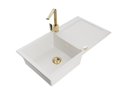 Granitový drez Mexen Leo s 1 misou, odkapávačom a kuchynskou batériou Rita, biely - 6501-20-670300-50