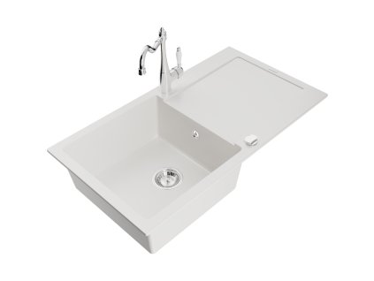 Granitový drez Mexen Leo s 1 misou, odkapávačom a kuchynskou batériou Carla, biely - 6501-20-670700-00