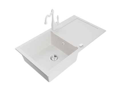 Granitový drez Mexen Leo s 1 misou, odkapávačom a kuchynskou batériou Carla, biely - 6501-20-670700-20