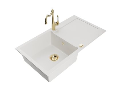 Granitový drez Mexen Leo s 1 misou, odkapávačom a kuchynskou batériou Carla, biely - 6501-20-670700-50