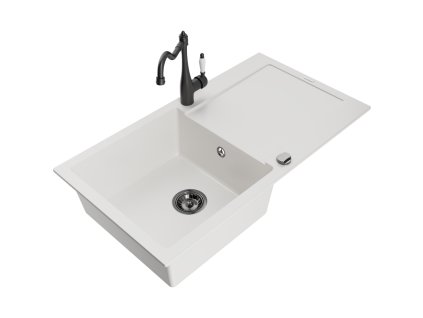 Granitový drez Mexen Leo s 1 misou, odkapávačom a kuchynskou batériou Carla, biely - 6501-20-670700-70