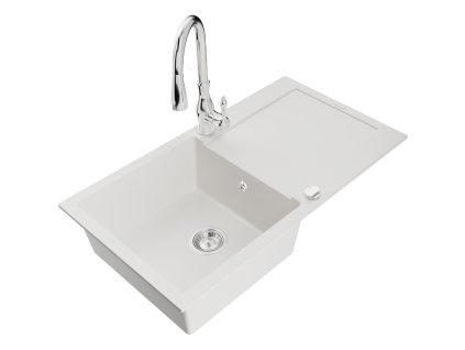 Granitový drez Mexen Leo s 1 misou, odkapávačom a batériou Savita, biely - 6501-20-672601-00