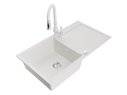 Granitový drez Mexen Leo s 1 misou, odkapávačom a batériou Savita, biely - 6501-20-672601-20