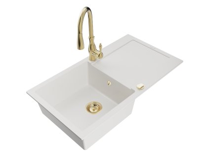 Granitový drez Mexen Leo s 1 misou, odkapávačom a batériou Savita, biely - 6501-20-672601-50