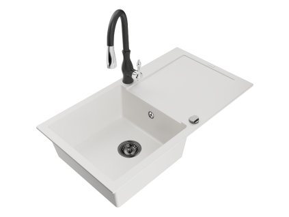 Granitový drez Mexen Leo s 1 misou, odkapávačom a batériou Savita, biely - 6501-20-672601-70