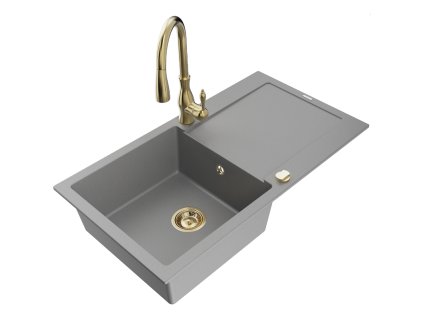 Granitový drez Mexen Leo s 1 misou, odkapávačom a batériou Savita, sivý - 6501-71-672601-50