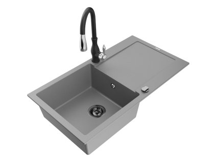 Granitový drez Mexen Leo s 1 misou, odkapávačom a batériou Savita, sivý - 6501-71-672601-70-B