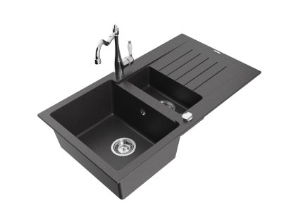 Granitový drez Mexen Matias s 1,5 misky, odkapávačom a kuchynskou batériou Carla, čierna škvrnitá - 6502-76-670700-00