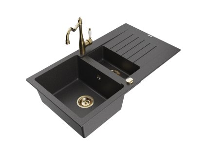 Granitový drez Mexen Matias s 1,5 misky, odkapávačom a kuchynskou batériou Carla, čierna škvrnitá - 6502-76-670700-50