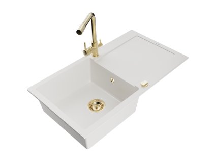 Granitový drez Mexen Leo s 1 misou, odkapávačom a kuchynskou batériou Duero, biely - 6501-20-671600-50