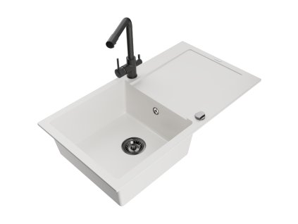 Granitový drez Mexen Leo s 1 misou, odkapávačom a kuchynskou batériou Duero, biely - 6501-20-671600-70