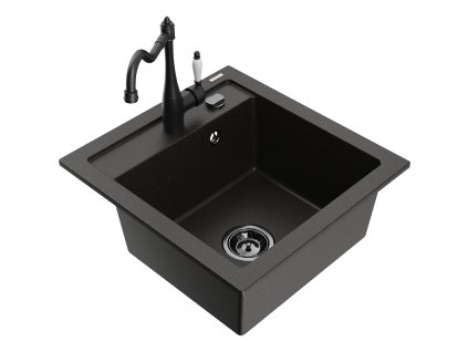 Granitový drez Mexen Vito s 1 misou a kuchynskou batériou Carla, čierna/zlatá metalíza - 6503-75-670700-70-B