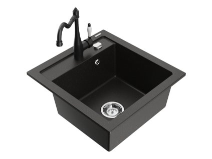 Granitový drez Mexen Vito s 1 misou a kuchynskou batériou Carla, čierna/zlatá metalíza - 6503-75-670700-70
