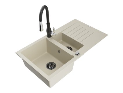 Granitový drez Mexen Matias s 1,5 miskou, odkapávačom a kuchynskou batériou Savita, béžový - 6502-69-672601-70